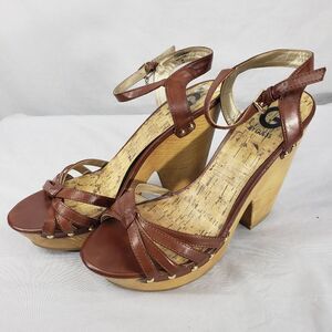 G By Guess Sandals Womens 10 M Strap Block Heels Brown Faux Leather Casual Open